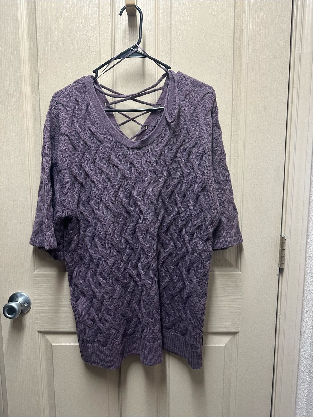 Simply Noelle Lavender Cable Knit Lace-Up V-Neck Sweater - Picture 2 of 5